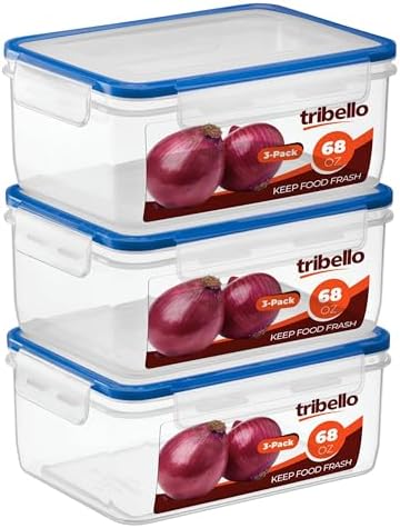 Tribello 68 oz Airtight Food Storage Containers with SnapTight Lids – Clear, Stackable, BPA-Free Meal Prep Containers for Kitchen, Freezer & Pantry – 3-Pack