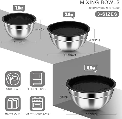 HaWare Mixing Bowls with Airtight Lids, 6-Piece Stainless Steel Salad Bowls