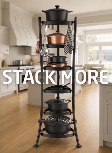 KES 264 Lbs Capacity Freestanding Pot Rack, 6-Tier Cast Iron Cookware Stand with 6 Hooks, Pots and Pans Storage Tower for Kitchen Corner, Stable Base, Anti-tip Strap & Floor Protectors, Black