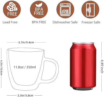 CNGLASS Glass Coffee Mugs 12oz,Double Walled Insulated Cappuccino Mug with Handle,Clear Espresso Cups for Cappuccino,Latte,Tea Bags,Hot and Cold Beverages,Set of 4