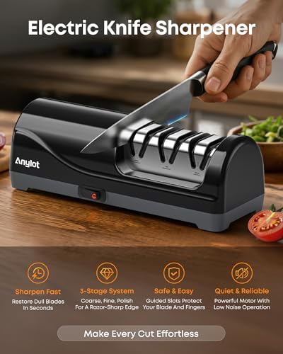 Electric Knife Sharpener for Kitchen, 3-Stage, 100% Diamond, Fast, Repair