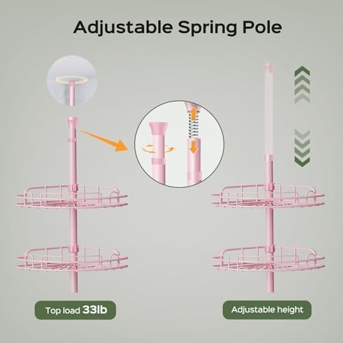 HAMITOR Corner Shower Caddy Tension Pole: 4-Tier Bathroom Organizer Pink