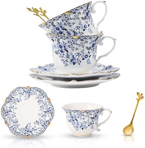 Country Roses Porcelain Tea Cup and Saucer Set with Gold Trim, Vintage Style, For Women and Tea Parties (2, Cyan)
