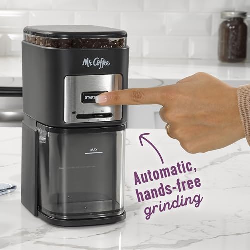 Mr. Coffee Automatic 12 Cup Burr Mill Coffee Grinder with 12 Custom Grinders, Black / Stainless Trim