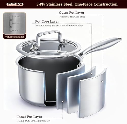 GEDO 3-Ply 304 Stainless Steel Saucepan with Lid, One-Piece Rivet-Free & Seamless Design, Angled Spout & Heat-Resistant Handle, Universal Stovetop Compatible for Indoor Cooking (7 In / 18cm Size)