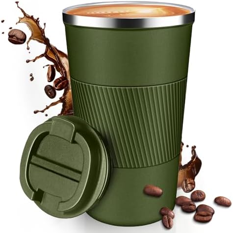 17OZ Travel Coffee Mug Insulated Coffee Cup with Spill Leak Proof Lid, Portable Stainless Steel Tumbler Reusable Hot and Cold Water Mug for Car, Daily, Camping- Military Green