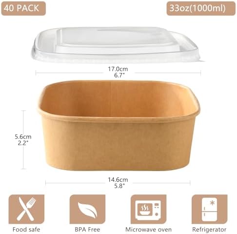 40 Sets 33 oz Disposable Kraft Paper Bowls with Lids - Square
