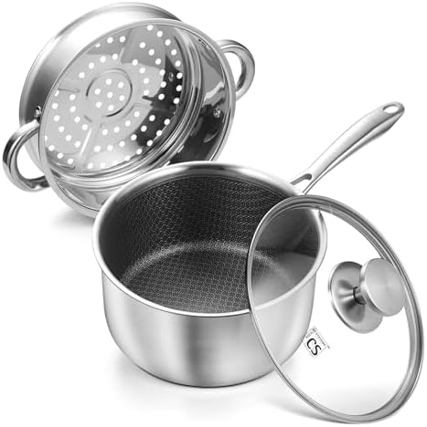 KOCH SYSTEME CS Hybrid Nonstick Stainless Steel Sauce Pan with Steamer Insert, 18/10 Steel 2QT Sauce Pan with Lid, Triple Stainless Steel Pot with Honeycomb Interior, Induction Compatible & Oven Safe