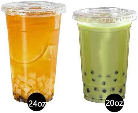 TashiBox plastic cups with lids [20 oz 100cups&100flat lids],Clear Crystal disposable plastic cups,smoothie cups (Pack of 2)