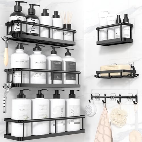 YASONIC Shower Caddy Adhesive, Rustproof Shower Organizer with Soap Holder, Large Capacity Shower Shelves for Inside Shower, No Drilling Bathroom Organizers and Storage for Home Decor 6 Pack Black