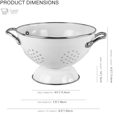Reston Lloyd, 1.5 Quart Powder Coated Steel Kitchen Strainer Basket for draining Pasta, Vegetable and Fruit, Chrome Handles and Wide Stable Base, White