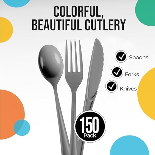 Party Solids Silver Plastic Silverware 150 Pcs Silver Cutlery Set