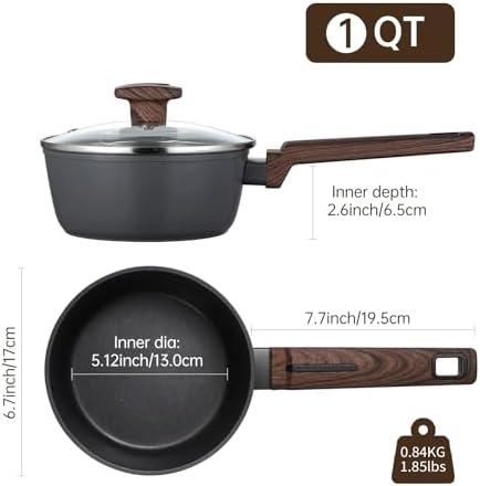 MsMk 1 QT Nonstick Saucepan with Lid, Grey Induction Cooking Pot