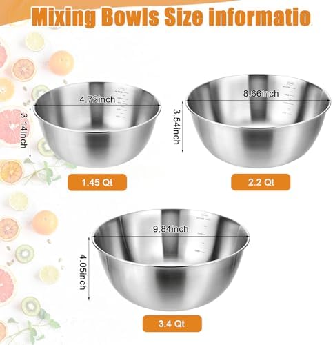 3 Pcs Stainless Steel Mixing Bowls Set, Metal Baking Bowls (1.5,2.2,3.4 Qt)