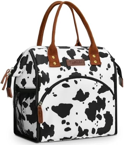 LOKASS Lunch Box for Women-Insulated Adults Lunch Bag with Front Pocket-Cute Lunch Tote for Work-Reusable Cow Print Cooler Bag for Office Picnic Beach or Travel