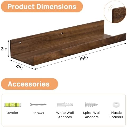 upsimples 4 Pcs 15" Acrylic Shelves for Wall Decor and Display, Walnut
