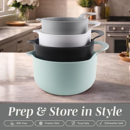 COOK WITH COLOR Nesting Plastic Mixing Bowl Set with Pour Spouts and Handles, Mint, 4 Piece Non-Slip