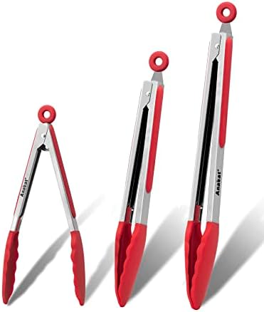 Anaeat Non-Stick Silicone Locking Tong Set of 3 - Stainless Steel 7", 9" and 12" Kitchen Food Tongs with Non-Slip Silicone Tips and Grip for Cooking, Baking and BBQ - Heat Resistant up to 480°F (Red)