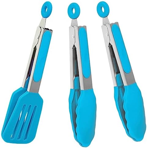 7 Inch Mini Serving Tongs with Silicone Tips Set of 3(Blue)