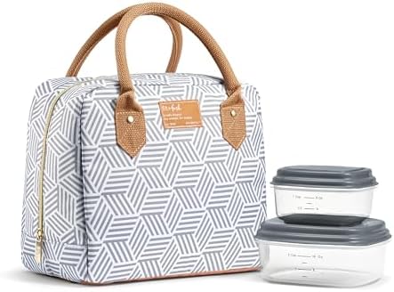 Fit & Fresh Bloomington Lunch Bag for Women - Insulated Large Lunch Box for Work with Containers, Leak-Resistant, Stain-Resistant, Zipper Closure, Gray Seaport Geo