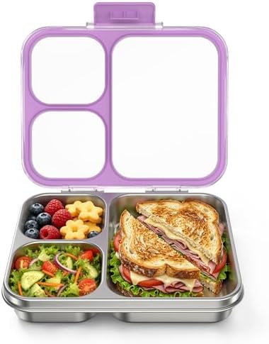 HOMEKOL Stainless Steel Bento Lunch Box 3-Compartment, 4.2Cups, Purple