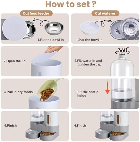 2 Pack Automatic Cat Feeder Stainless Steel Water Dispenser Gravity Food Feeder and Waterer Set with Pet Food Bowl for Small Medium Kitten Puppy Pets Large Capacity(Grey)