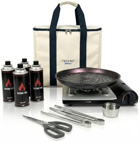 TECHEF - KBBQ Ultimate Set with Korean BBQ Grill Pan, Agni Portable Gas Stove Burner, Carrying Bag, 4 pack Butane Gas, Scissors, 2 BBQ Tongs, Made in Korea