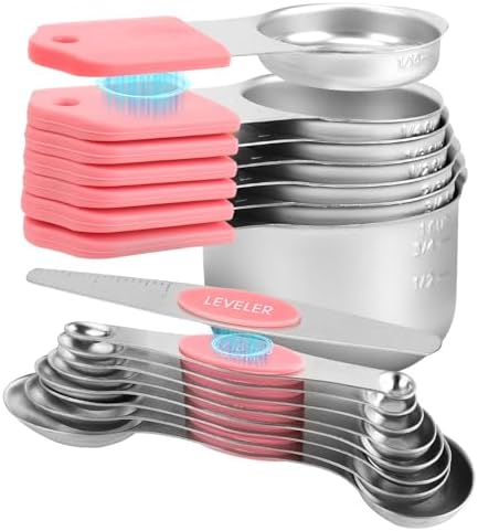 16-Piece Magnetic Measuring Cups and Spoons Set, Stainless Steel, Pink