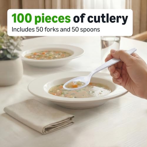 Amazon Basics Disposable Everyday White Forks & Spoons, 100 Count