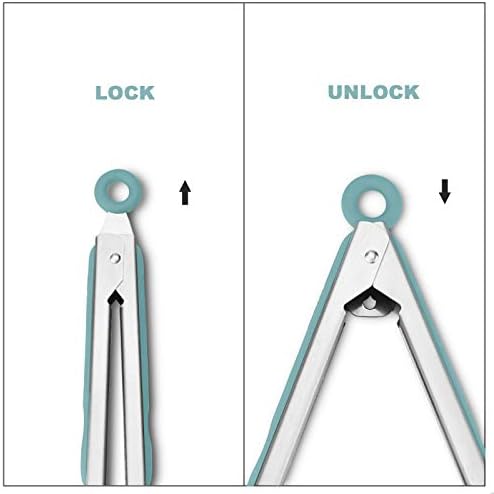 Premium 304 Stainless Steel Tongs Set – 12" Grill Tongs & 9" Cooking Tongs, Heat Resistant up to 600°F, Wavy Grip Head, Non‑Slip Handle with Locking Clip & Hanging Loop, Dishwasher Safe, Aqua Sky