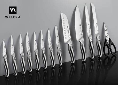 WIZEKA Kitchen Knife Set with Block and Sharpener German Steel 15 Piece