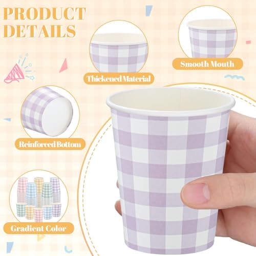NatNarr 100 Pack Gingham Paper Cups, 9oz Pastel Cups Picnic Paper Cups