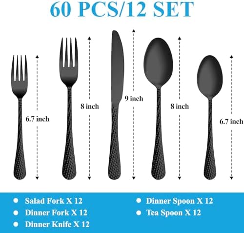 60 Pcs Black Hammered Silverware Set Service for 12,Stainless Steel Flatware Set,Mirror Polished Cutlery Utensil Set,Durable Kitchen Eating Tableware Set,Include Fork Knife Spoon Set,Dishwasher Safe