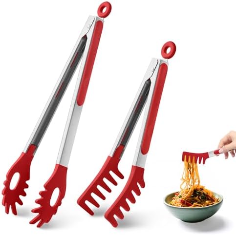2 PCS Pasta Tong Spaghetti Tongs, 9" & 12-Inch Heat Resistant Pasta Tongs