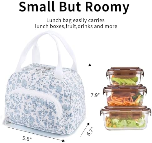 Lunch Bag Women Lunch Box for Women Adult Cute Insulated Lunch Bag Small Cooler Lunch Tote Bags for Work Picnic Travel (Blue-Floral)