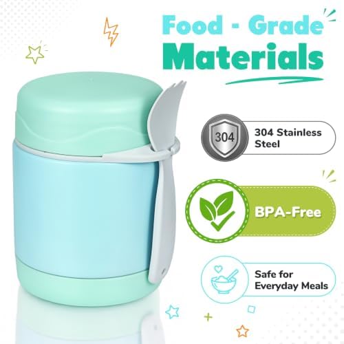10oz Soup Thermo for Hot Food Kids,Lunch Thermo Kids Food Jar with Spoon Hot Insulated Food Containers,Leak Proof Stainless Steel Wide Mouth Lunch Thermo Jar for School(Mint-Green)