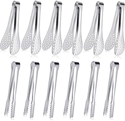 JCREN 12 Pack Mini Tongs - Small Stainless Steel Food Tongs for Serving Appetizers, Tea Party, Coffee, Desserts - 5 inch - Silver