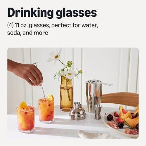 Amazon Basics Drinking Glasses, 11 oz., Sturdy Glass, Rounded for Comfortable Hold, Dishwasher-Safe, Round Shape, 4-Piece Set (Pack of 2)
