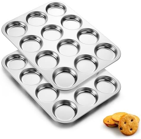 E-far 2 Pack Muffin Top Pan, 12-Cavity Stainless Steel Shallow Cupcake Pan