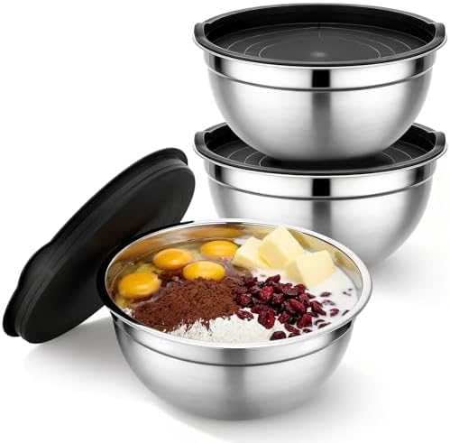 Beasea Mixing Bowls with Lids, 3 Pack 3.4 QT Kitchen Stainless Steel Mixing Bowls with Lids, Metal Nesting Set for Baking, Prepping, Serving, Salad and Food Storage