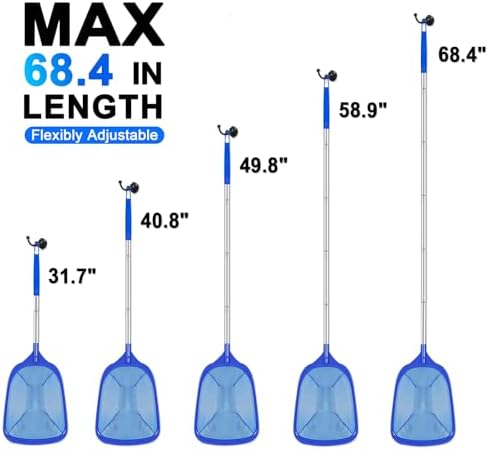 Pool Skimmer Net with Telescopic Pole – Fine Mesh for Leaves, Dust, Debris – Lightweight Safe-Edge Extendable 2.6–5.7 ft Aluminum Handle for Pools, Spas, Hot Tubs, Ponds & Garden Water