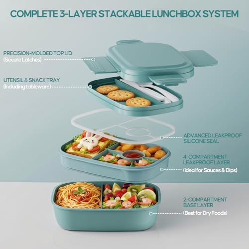 Adults Bento Lunch Box Set with Lunch Bag-3-Tier Stackable Leak-Proof Green