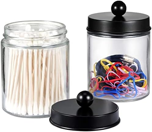 Amolliar Glass Apothecary Jar Qtip Holder Metal Lids 4pc/Black