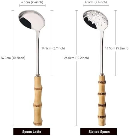Soup Ladle and Slotted Spoon Set, 304 Stainless Steel Serving Utensils with Natural Bamboo Handle, Soup Spoons For Serving Gravy Hot Pot Or Restaurant, 10.2 Inch, 4 PCS / 2 of Each
