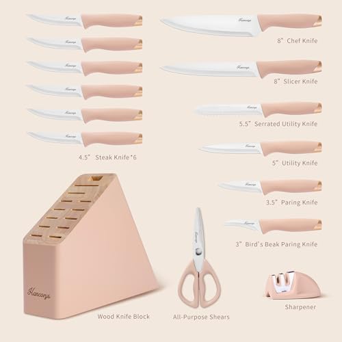 Knife Set, 15 PCS Pink Knife Block Set with 2-Step Sharpener