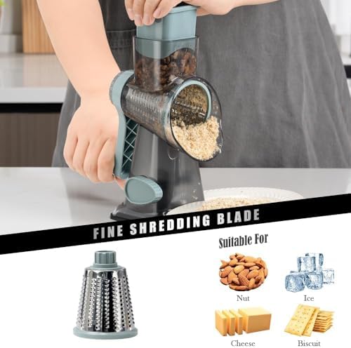 Badelite Cheese Grater Vegetable Cheese Shredder Slicer Grater for Kitchen 3 Changeable Blades for Cheese Potato Zucchini Nuts Chocolate (Grey Blue)