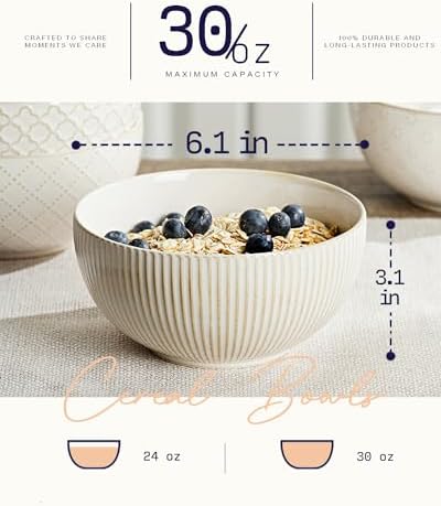 getstar Ceramic Soup Bowls, Big Cereal Bowl Set of 4 with Assorted Embossment (6.1 inch & 30 oz), Farmhouse Vintage Color Bowls for Kitchen