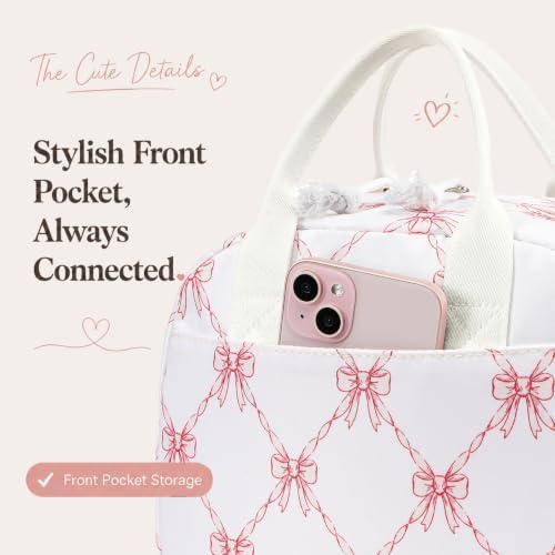 LOVELYWIND Lunch Box for Women, Insulated Lunch Bag, Cute Bow Print Tote