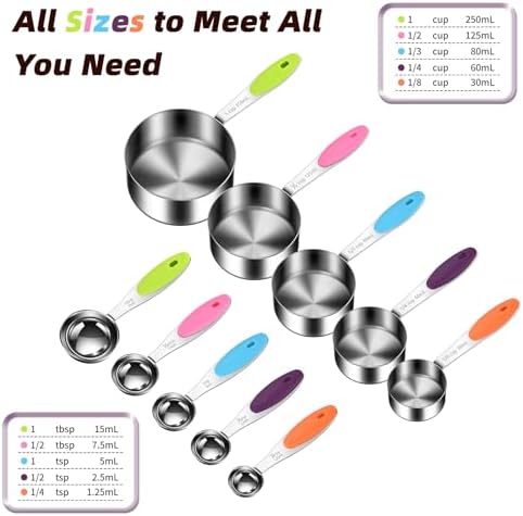 10-Piece Measuring Cups and Spoons Set, 304 Stainless Steel with Color-Coded Handles, Engraved Markings Never Fade, Plastic Free, Dishwasher Safe, Includes 1/8 Cup & 1/4 Tsp