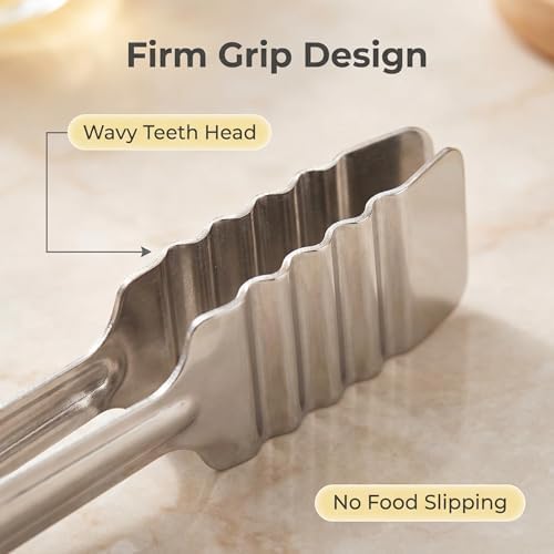 4‑Pack 9 Inch Stainless Steel Kitchen Tongs, Non‑Slip Wavy Teeth Food Clips, Heavy Duty Cooking Tongs for Grilling BBQ Salad Bread, Dishwasher Safe